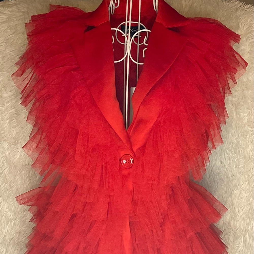 Athina Red Ruffle Mini Dress/Vest (S) Button Front, Open Back